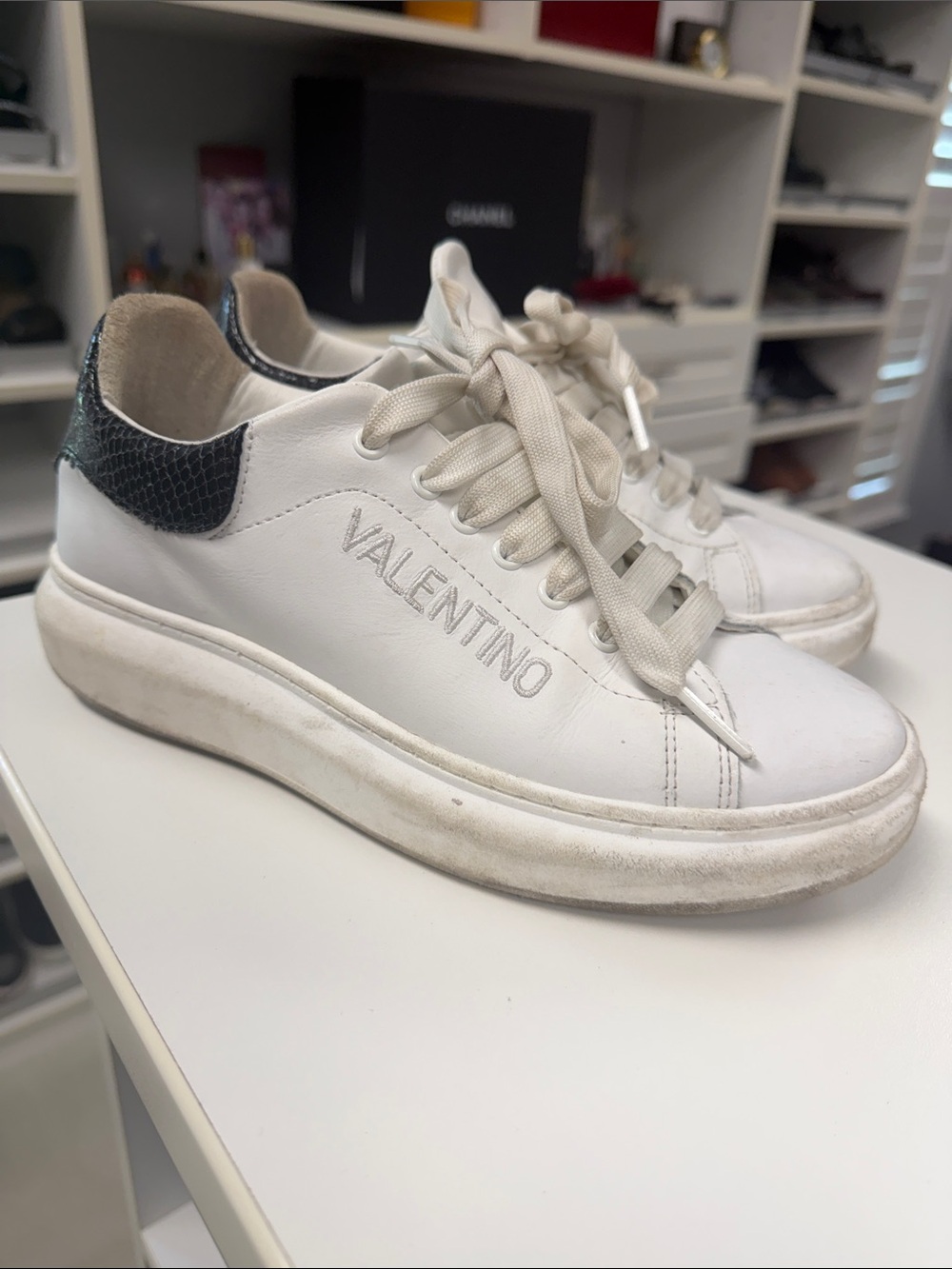 Valentino White Leather Low-Top Sneakers with Black Heel Detail